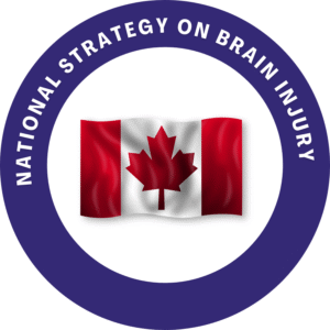 Blue circle logo with Canada flag in the middle - text national strategy for brain injuries